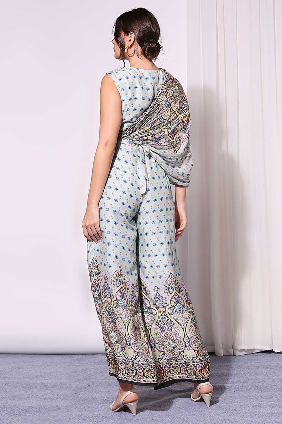 Blue Floral Print Drape Jumpsuit