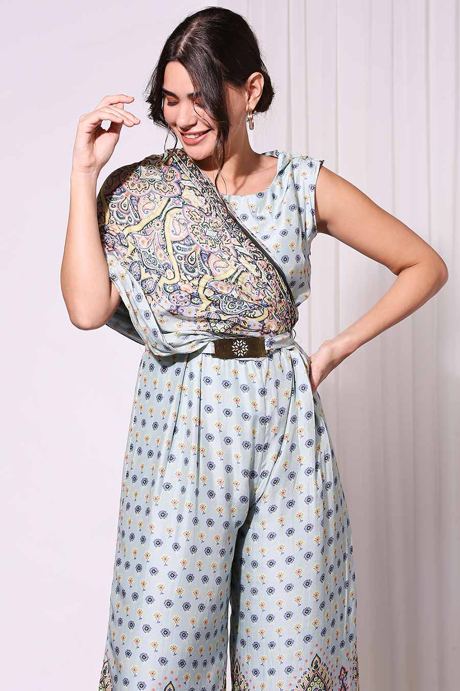 Blue Floral Print Drape Jumpsuit