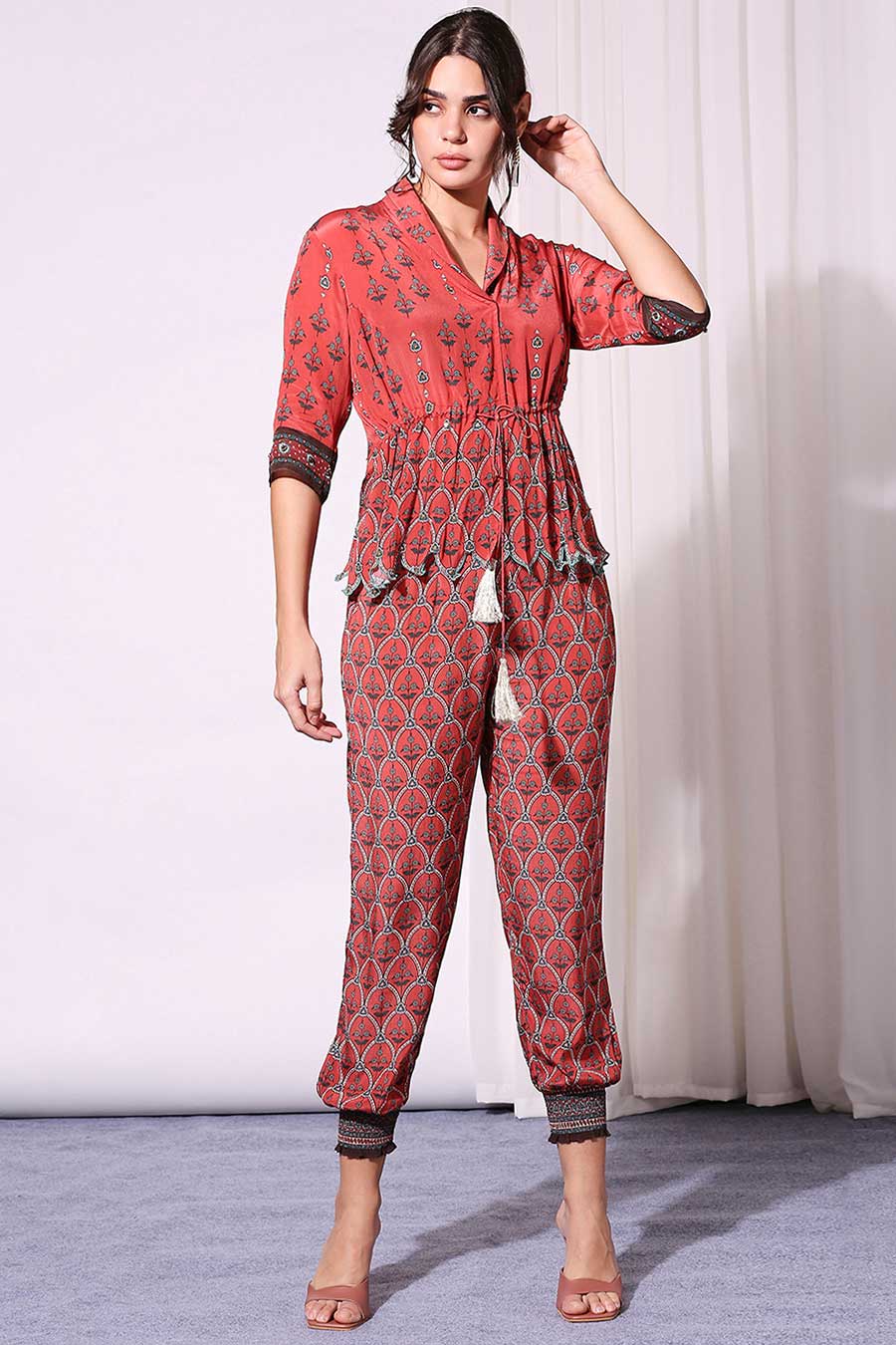 Red Printed Top & Pants Co-Ord Set
