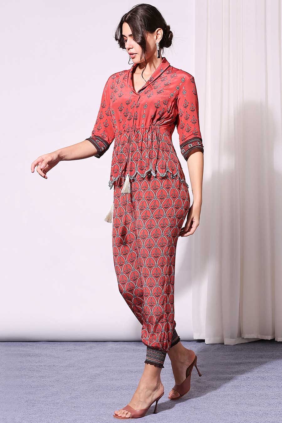 Red Printed Top & Pants Co-Ord Set