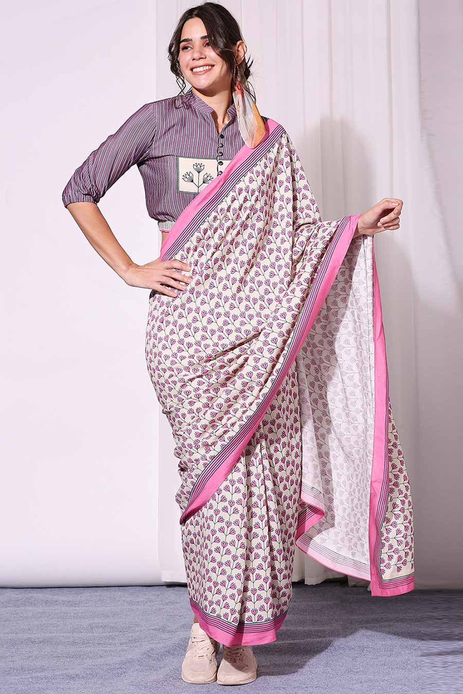Printed Pre-Stitched Saree & Blouse Set