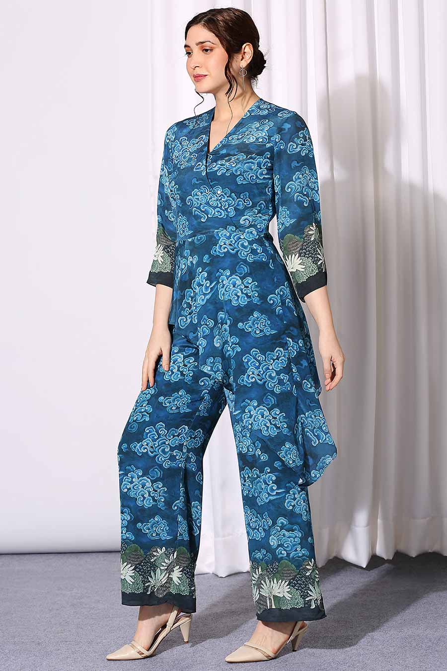 Blue Printed Asymmetric Drape Jumpsuit