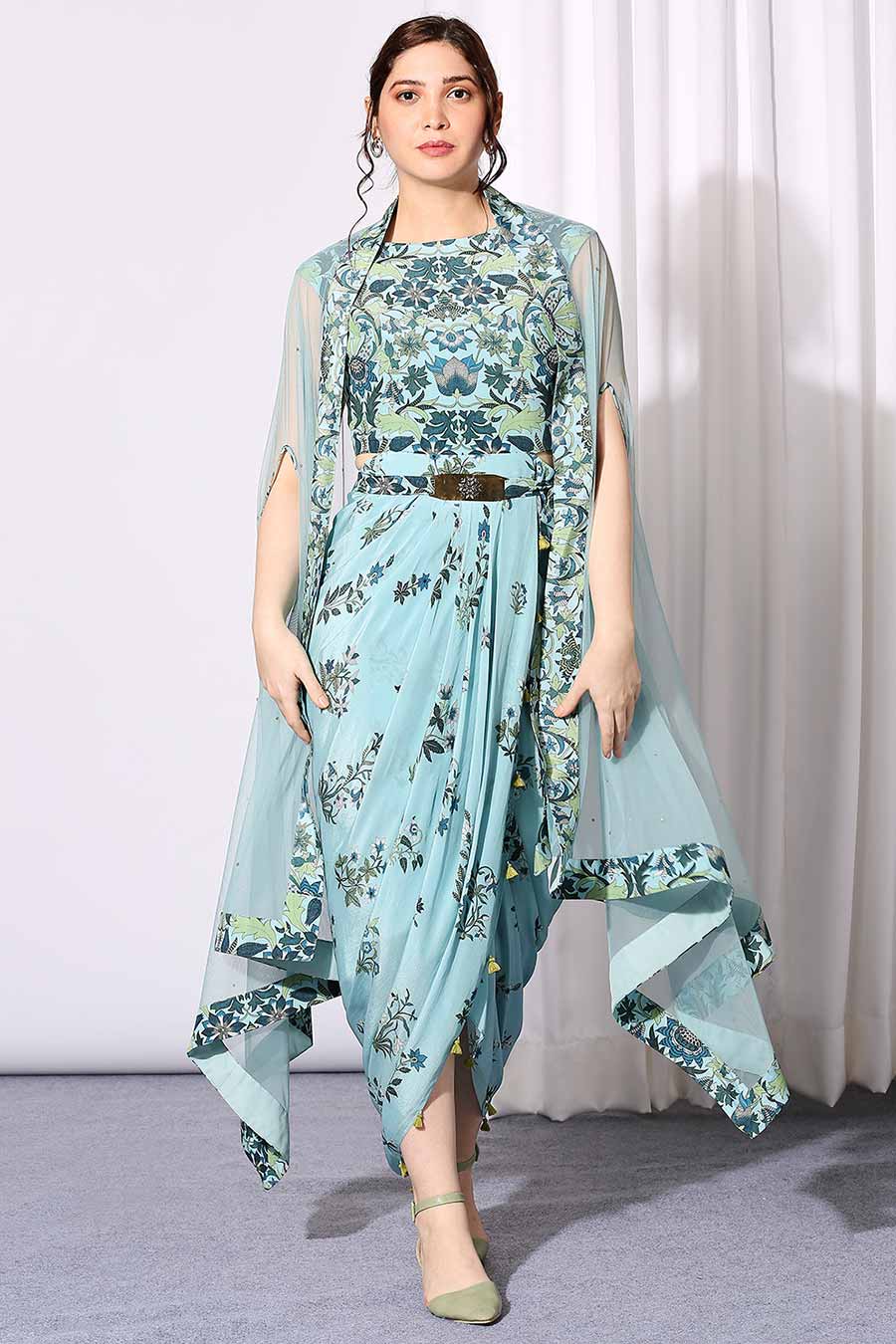 Blue Pastel Bloom Drape Dress & Cape Set