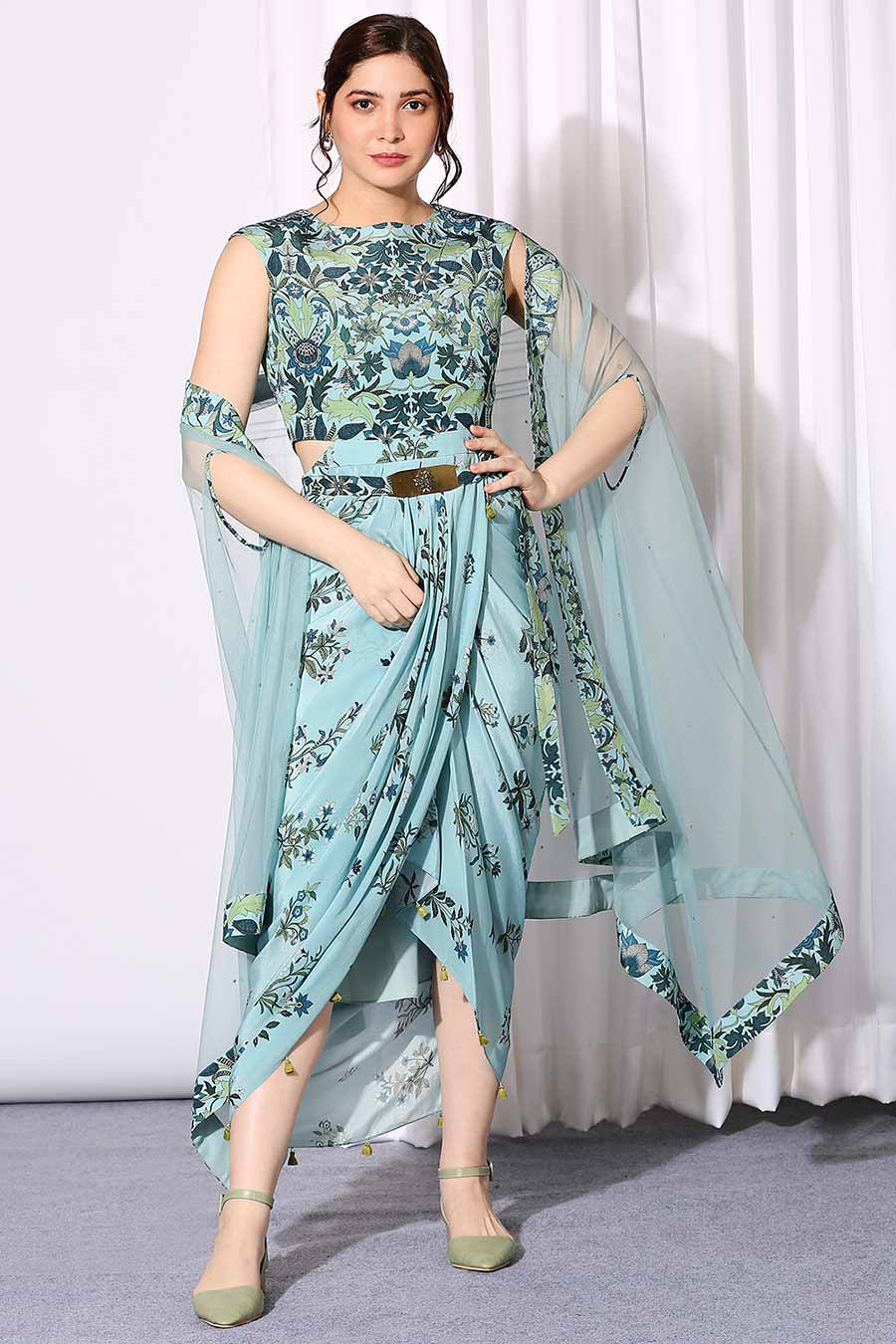 Blue Pastel Bloom Drape Dress & Cape Set