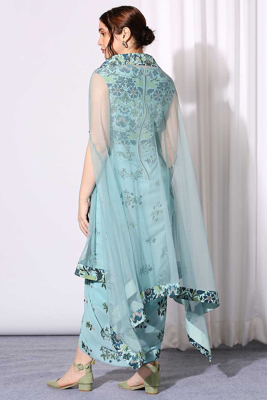 Blue Pastel Bloom Drape Dress & Cape Set