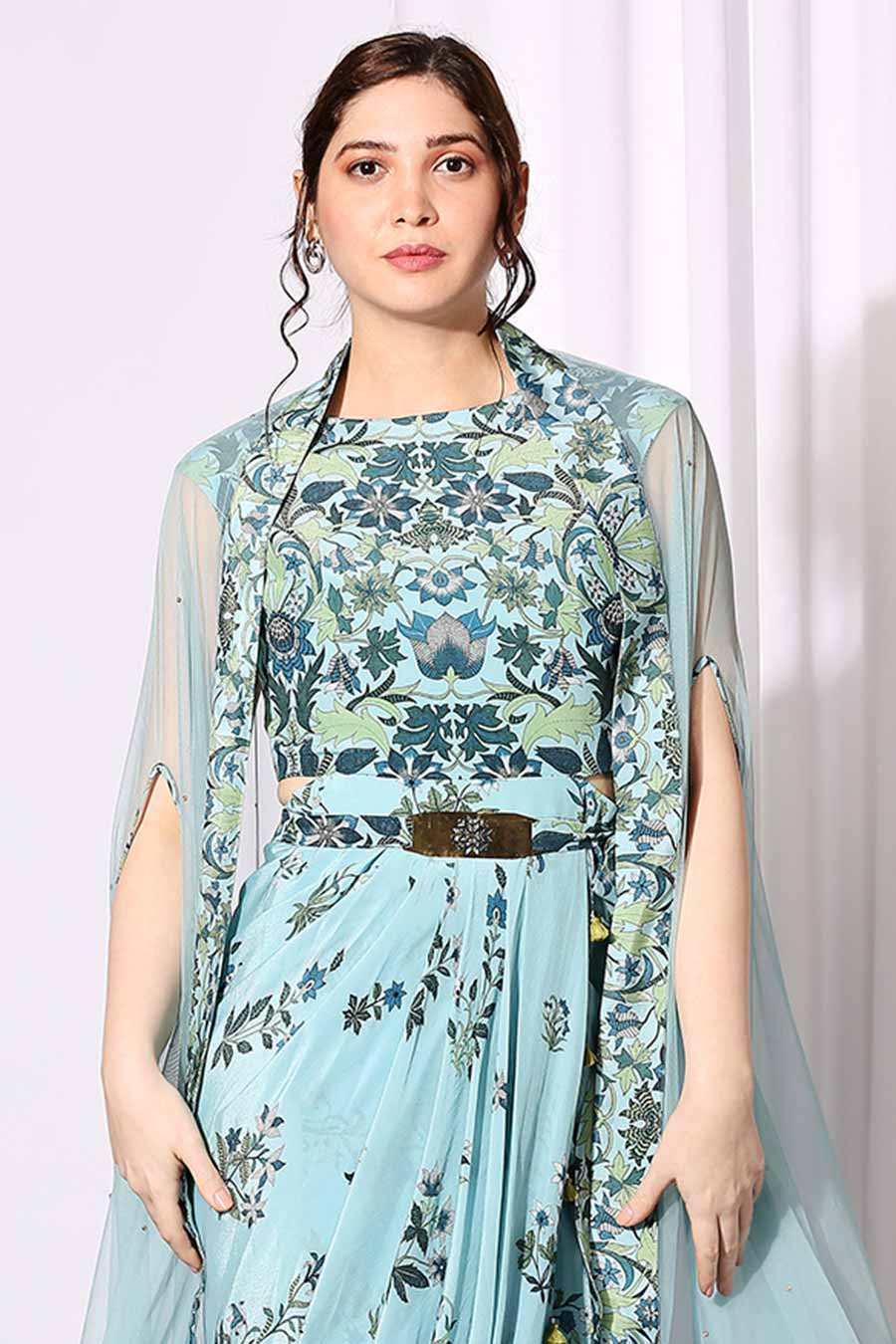 Blue Pastel Bloom Drape Dress & Cape Set