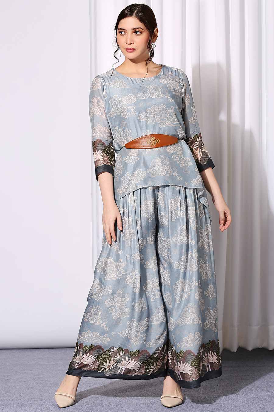 Blue Top & Pant Co-Ord Set With Belt