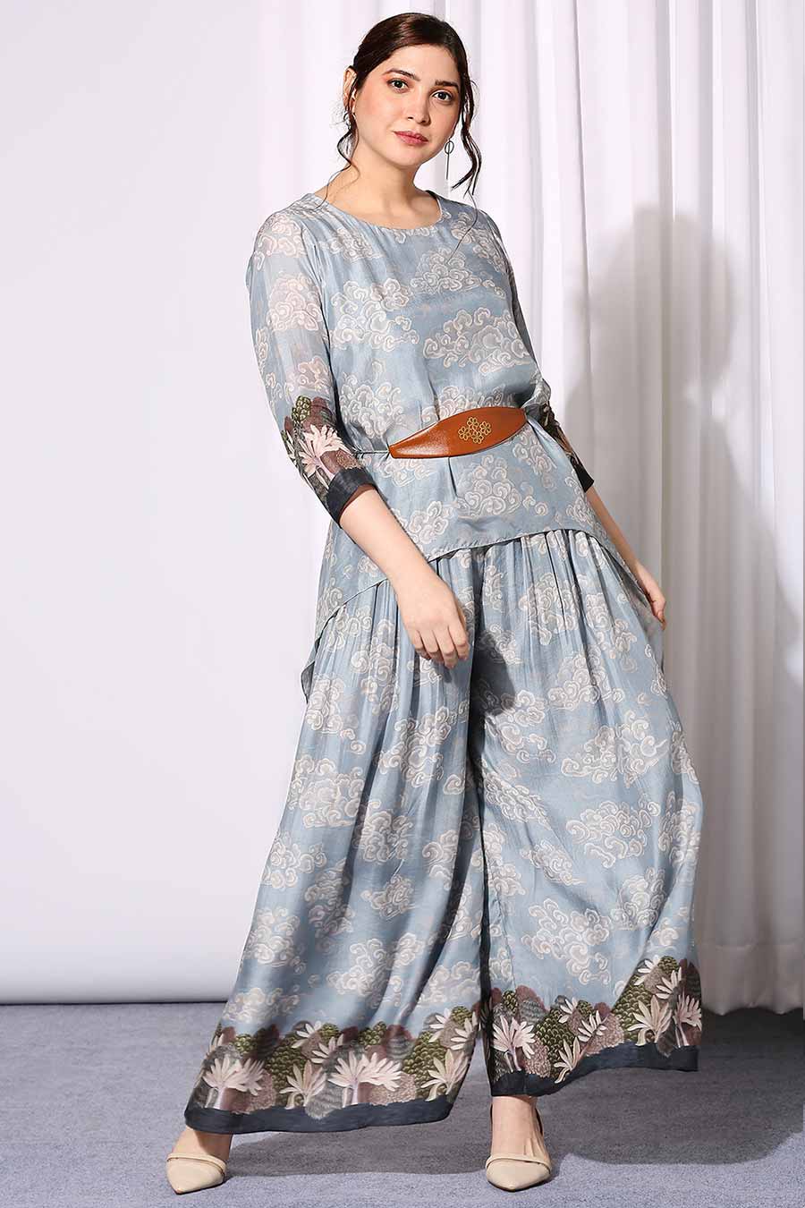 Blue Top & Pant Co-Ord Set With Belt