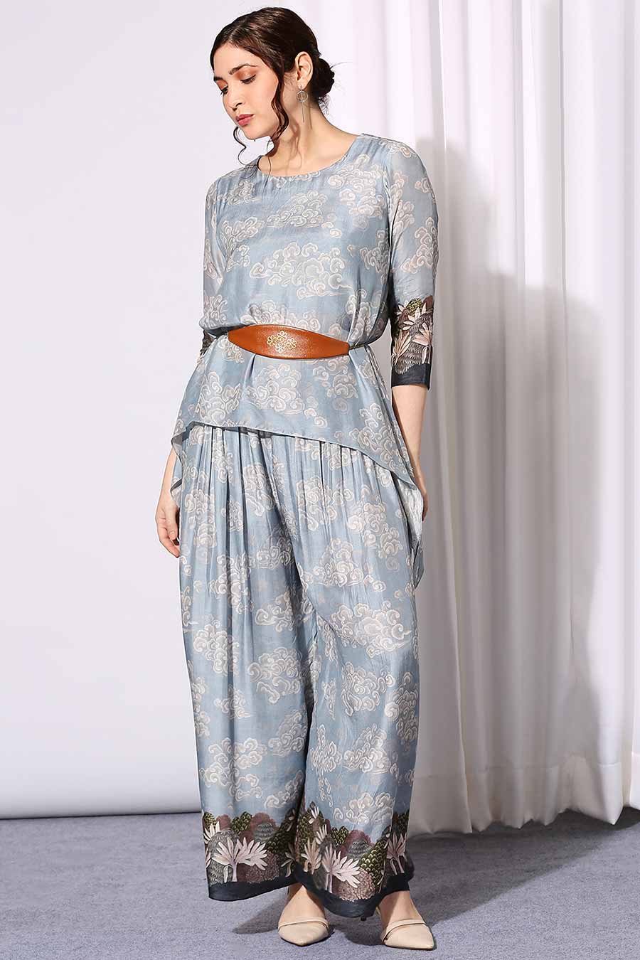 Blue Top & Pant Co-Ord Set With Belt