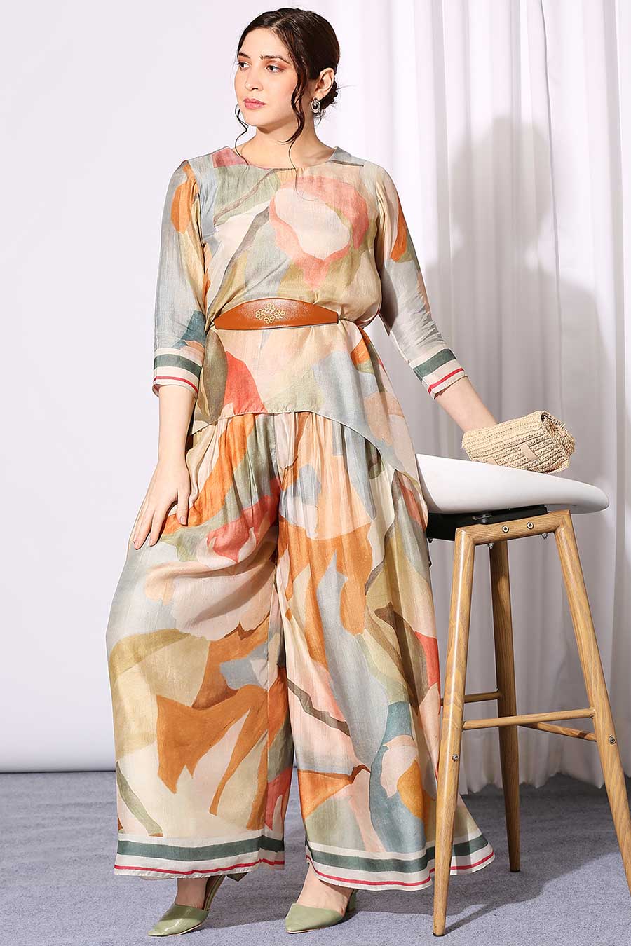 Printed Top & Pant Co-Ord Set With Belt