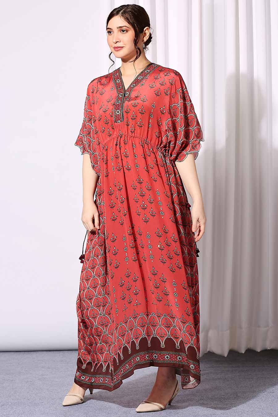 Folklore Print Embroidered Kaftan Dress