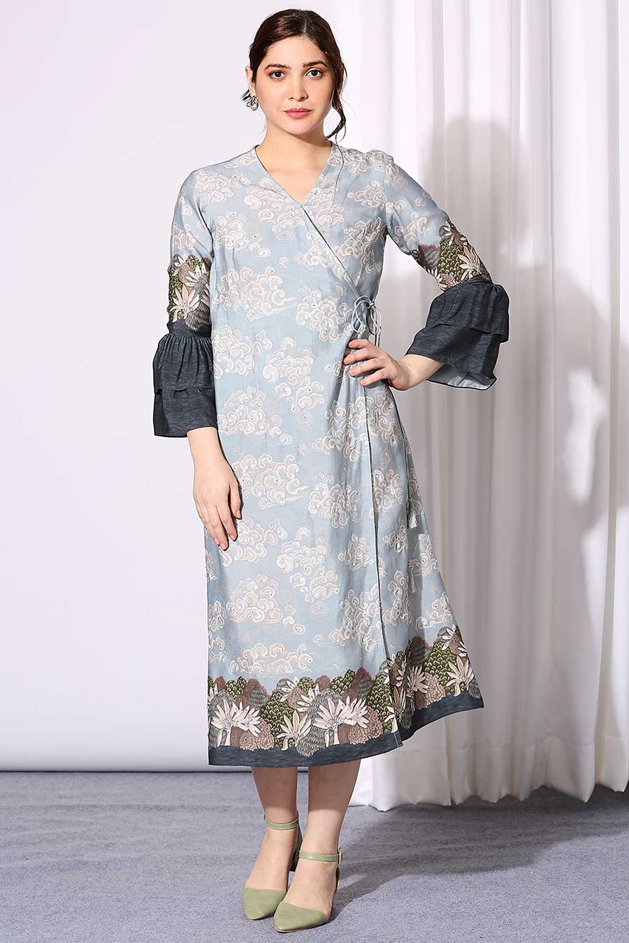 Blue Printed Chanderi Overlap Dress