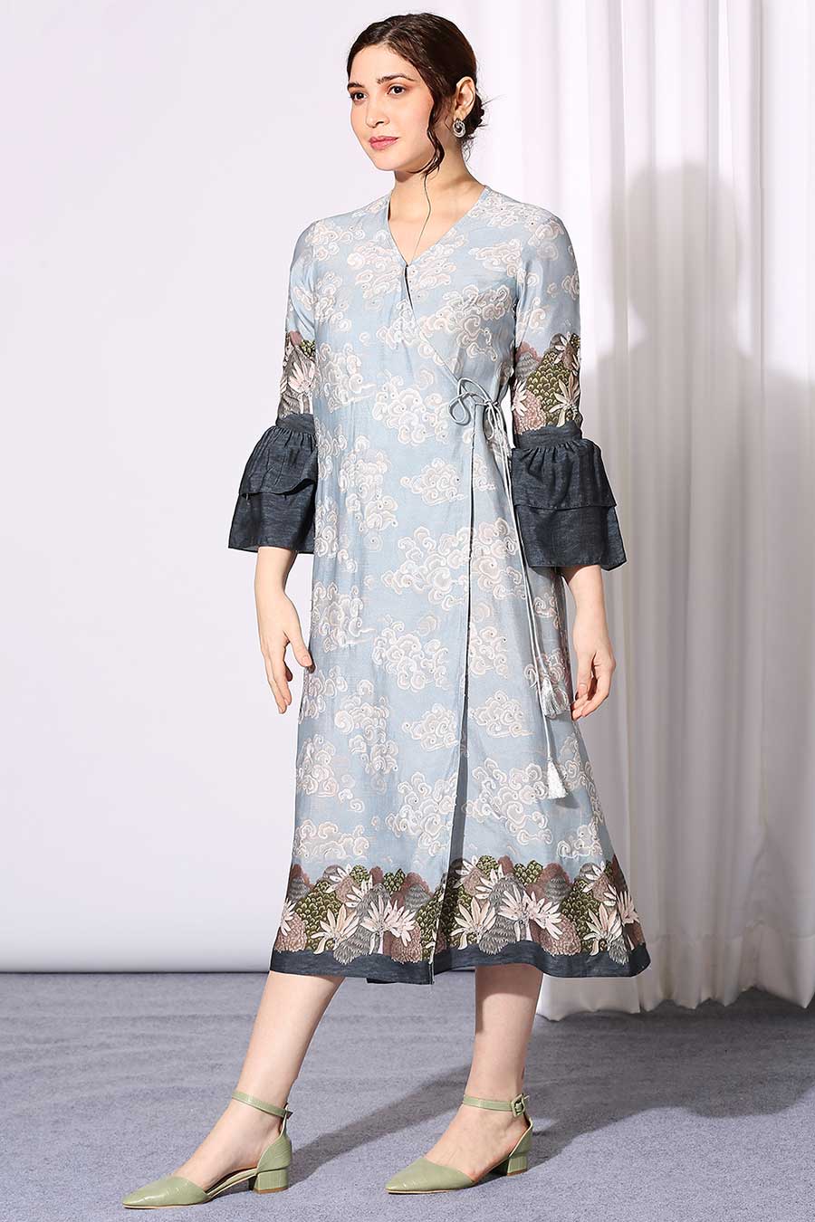 Blue Printed Chanderi Overlap Dress