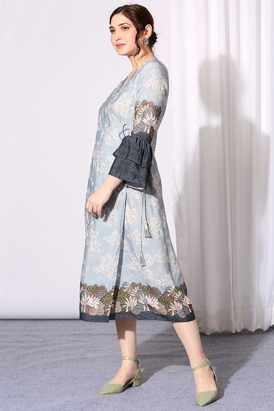 Blue Printed Chanderi Overlap Dress