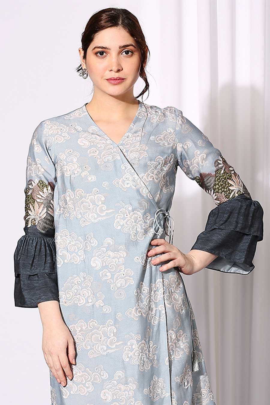 Blue Printed Chanderi Overlap Dress