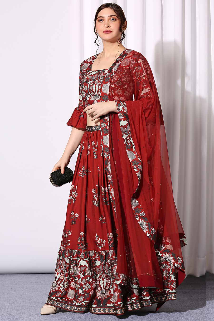 Red Printed Top & Skirt Set With Dupatta