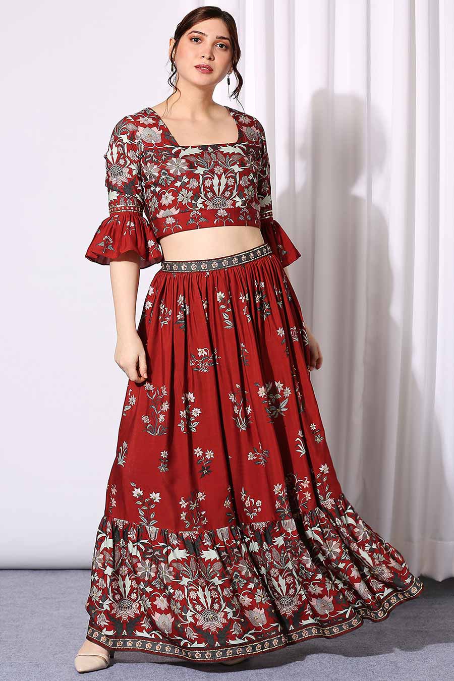 Red Printed Top & Skirt Set With Dupatta