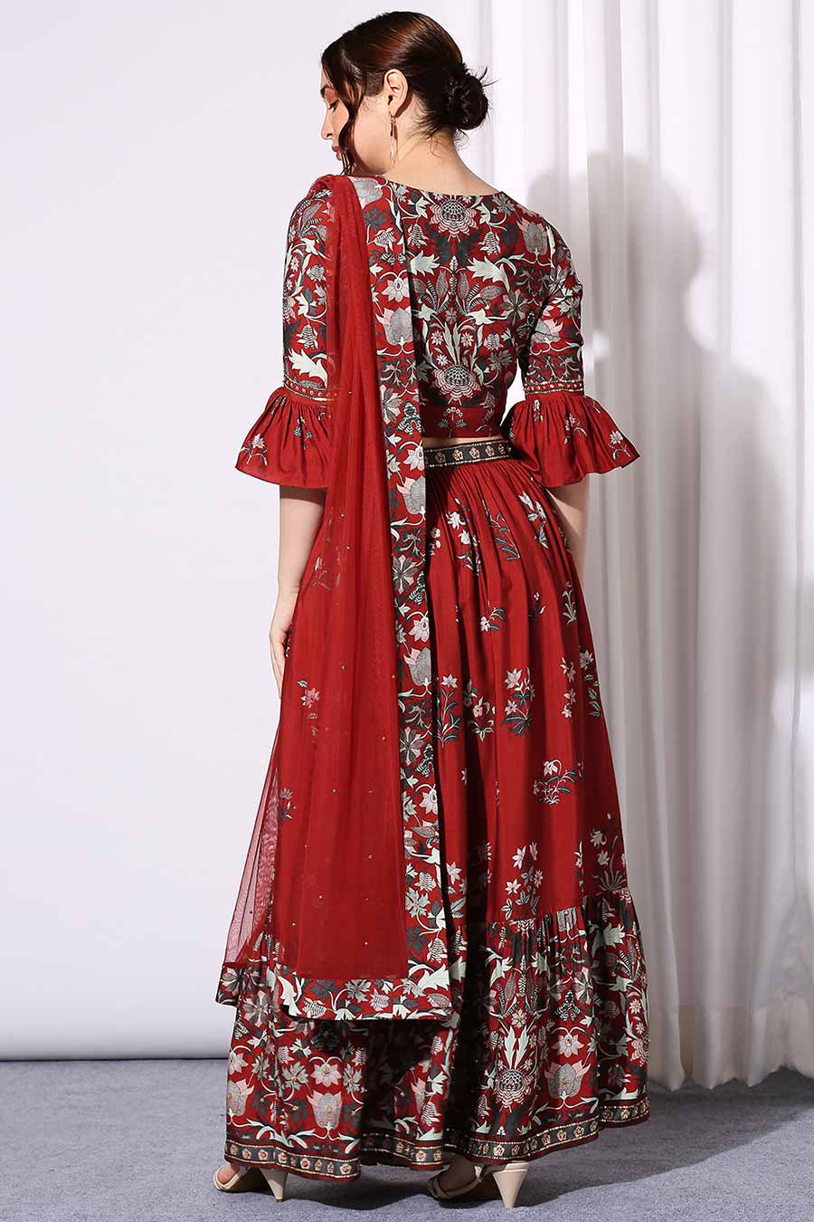 Red Printed Top & Skirt Set With Dupatta