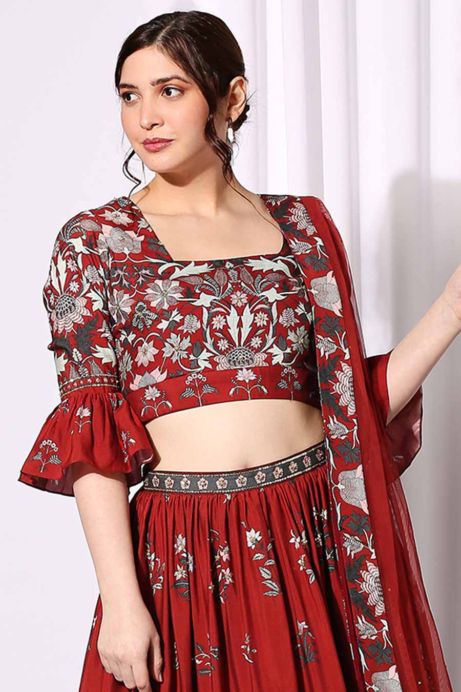 Red Printed Top & Skirt Set With Dupatta