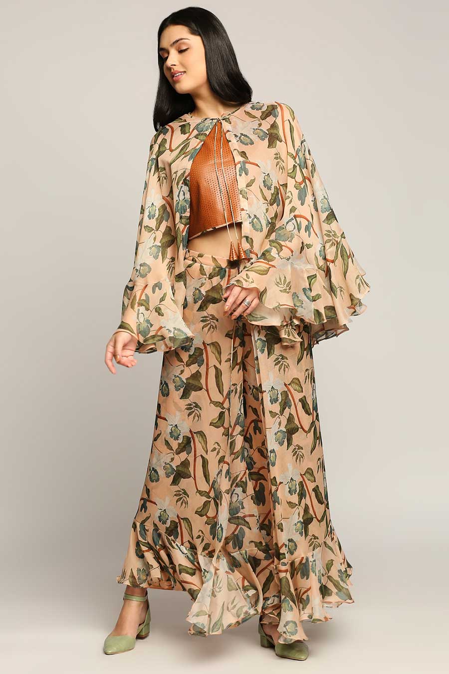 Orchid Bloom Ruffle Co-Ord Set With Cape