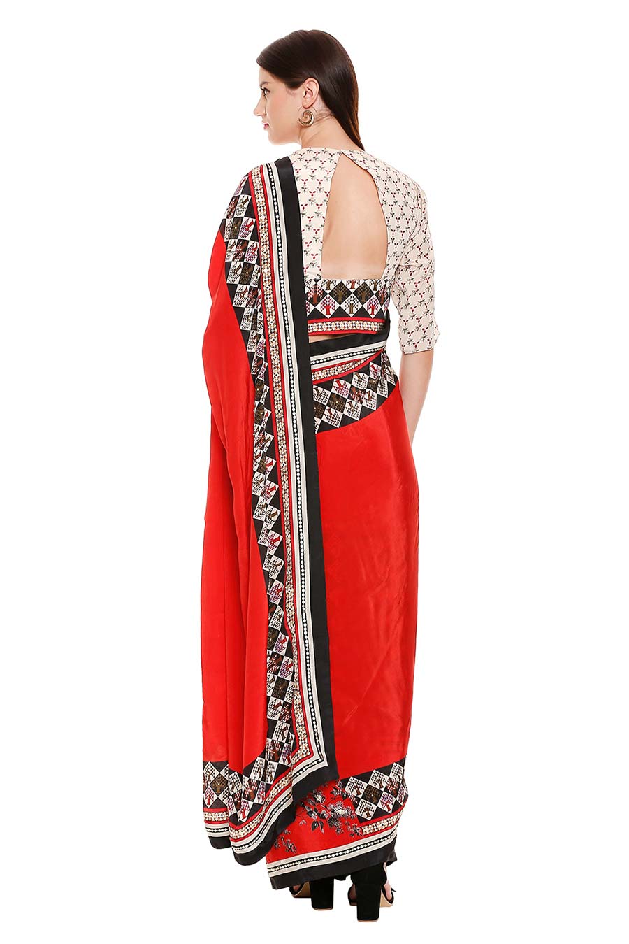 Red Printed Pre-Stitched Saree Set