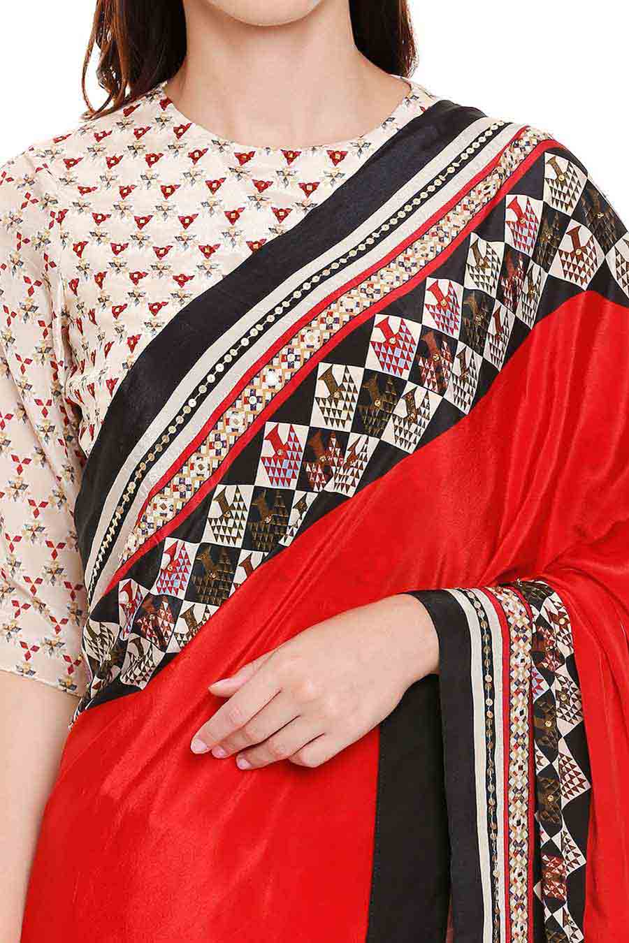 Red Printed Pre-Stitched Saree Set