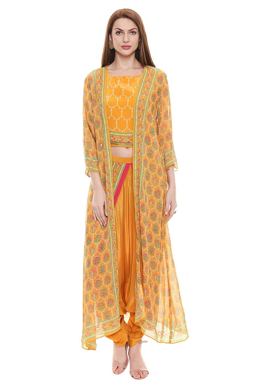 Yellow Crop Top & Dhoti With Jacket (Set of 3)