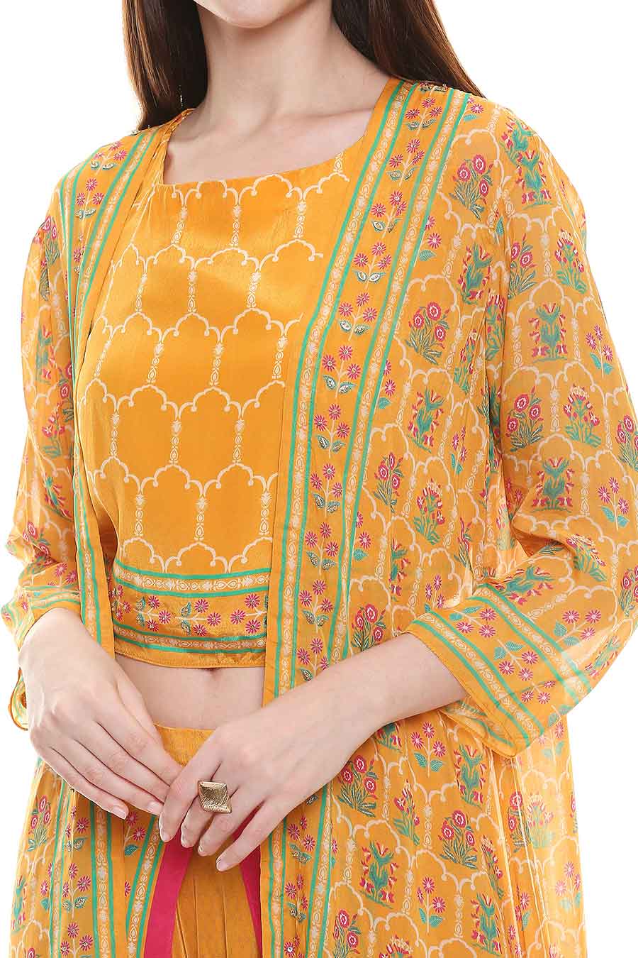 Yellow Crop Top & Dhoti With Jacket (Set of 3)