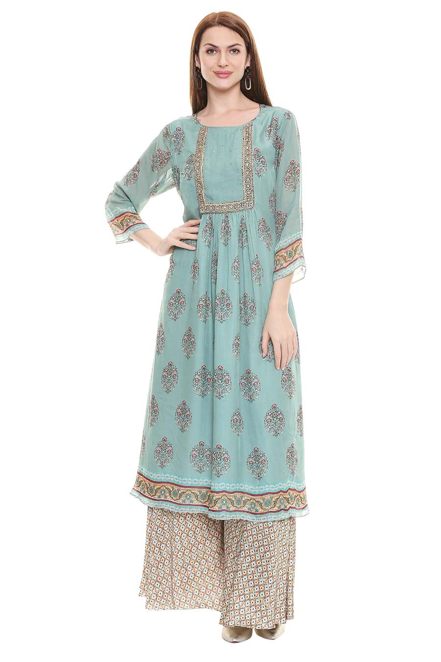 Sage Green Embroidered Kurta Set (Set of 3)