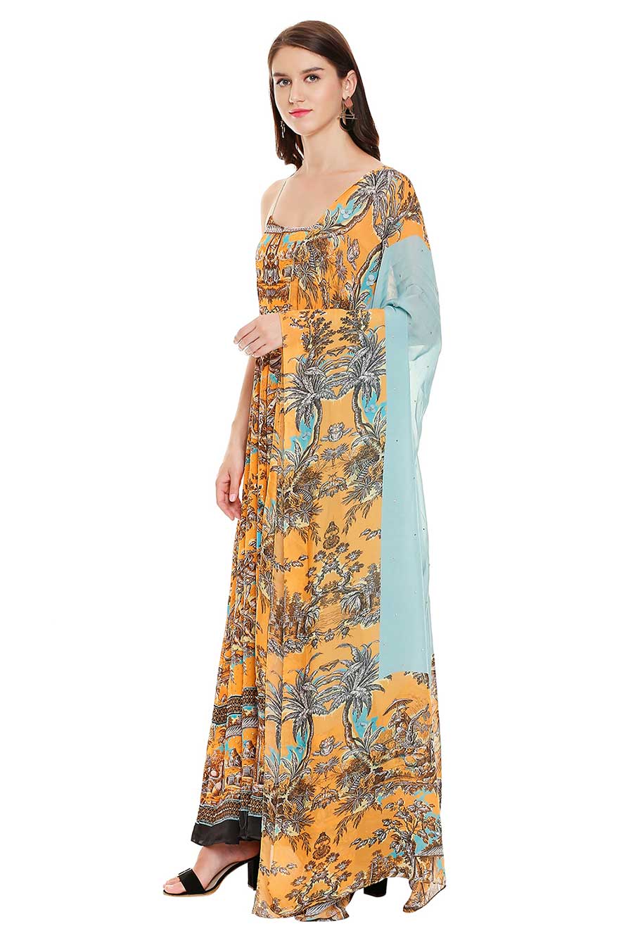 Yellow Printed Maxi Dress with Dupatta