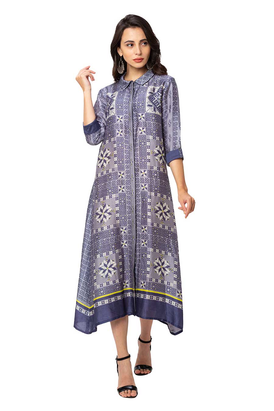 Blue Printed A-Line Dress