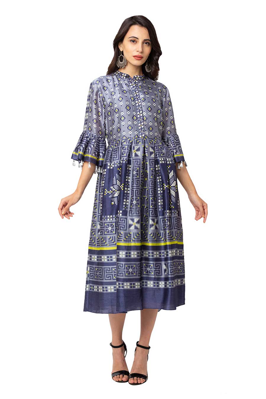 Blue Printed & Pleated Midi Dress
