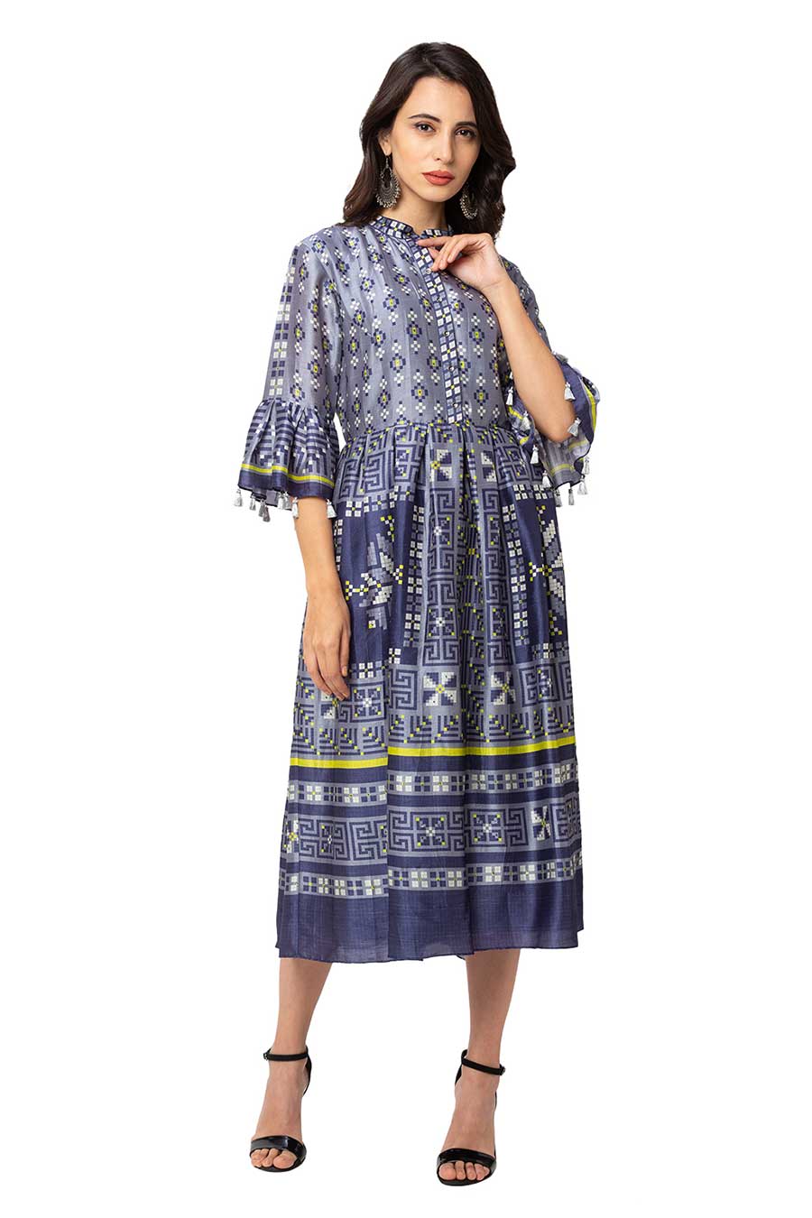 Blue Printed & Pleated Midi Dress