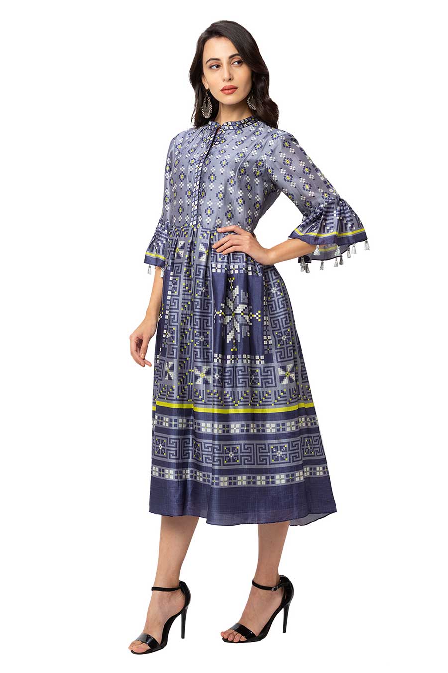 Blue Printed & Pleated Midi Dress