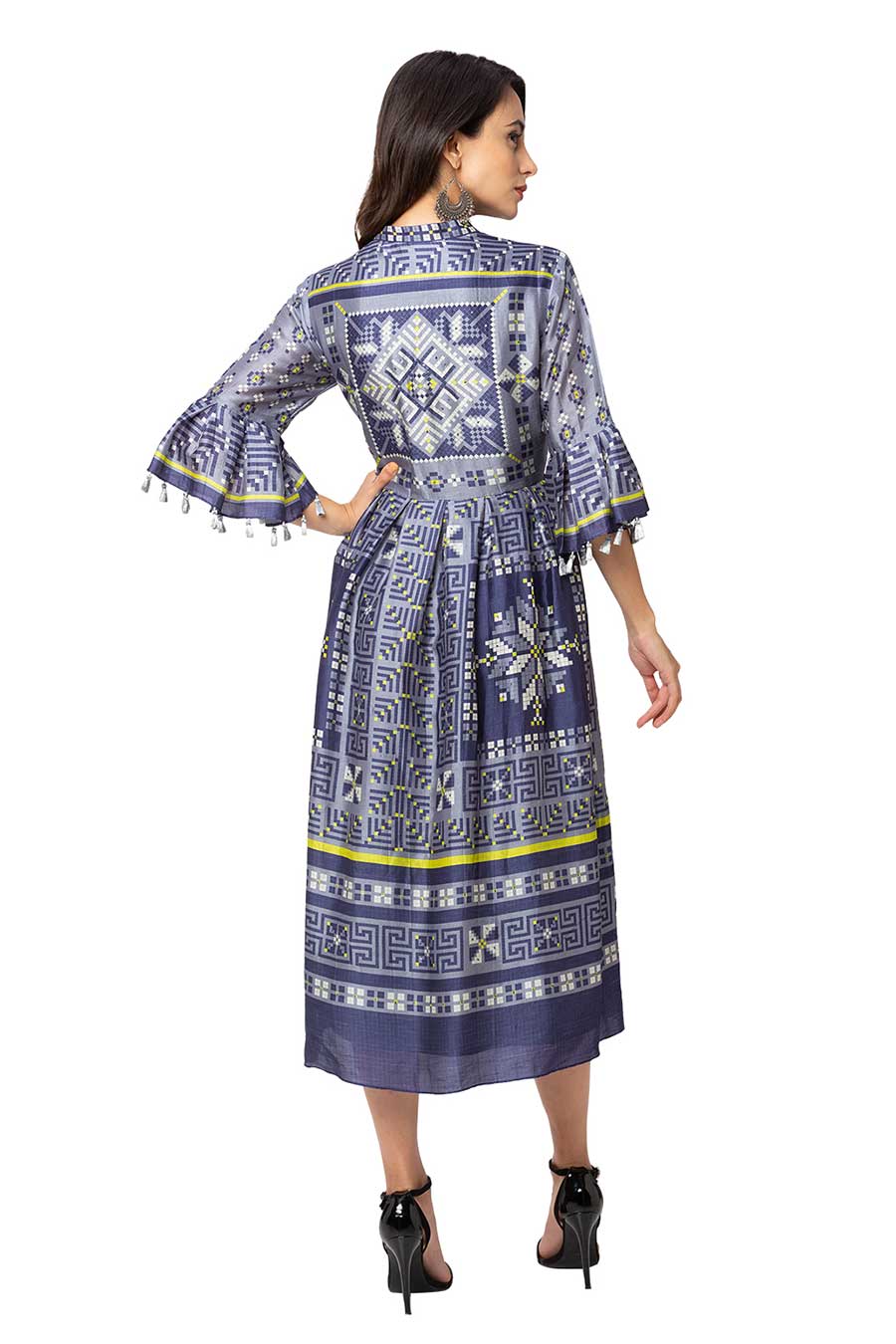 Blue Printed & Pleated Midi Dress