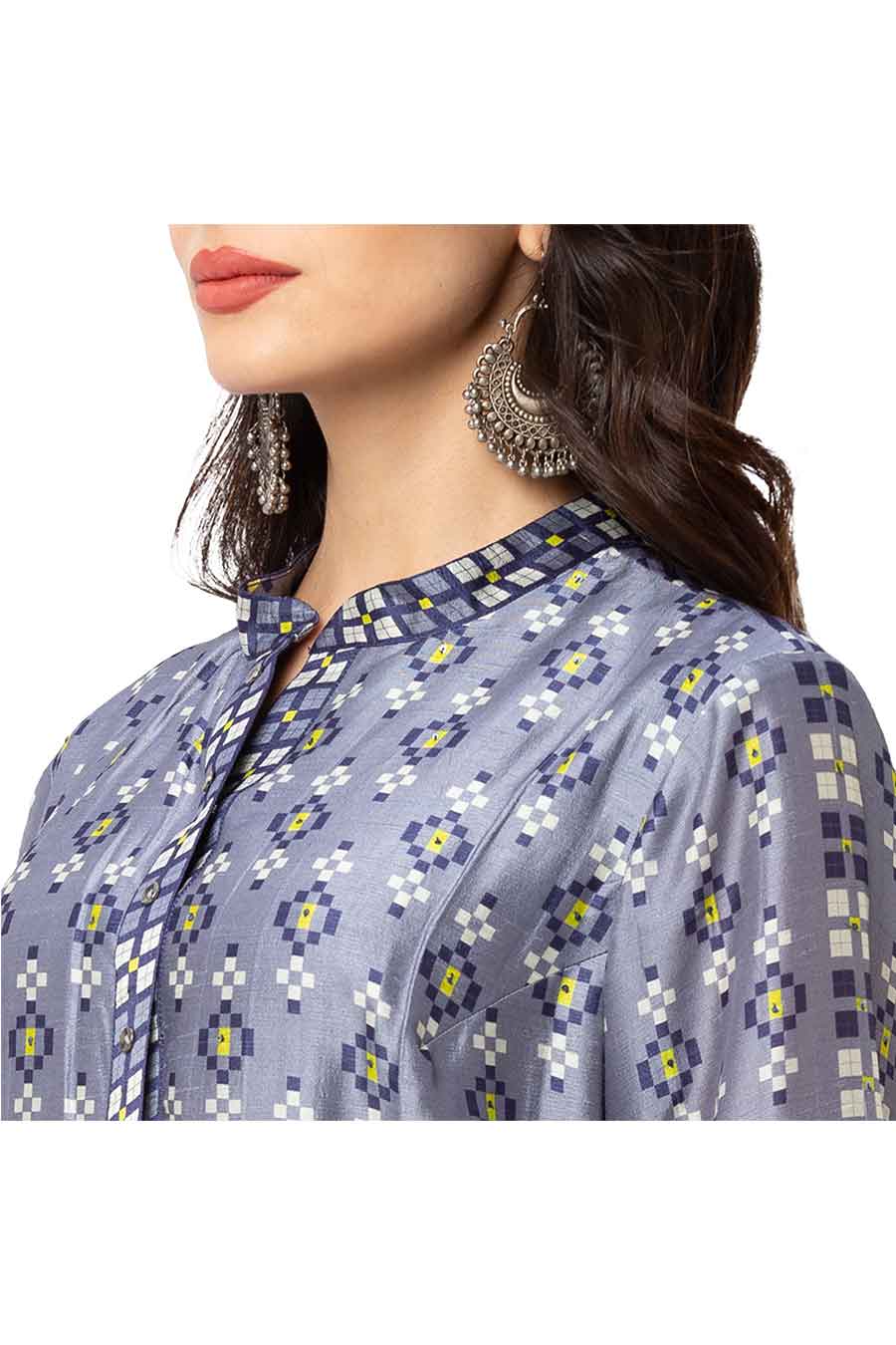 Blue Printed & Pleated Midi Dress