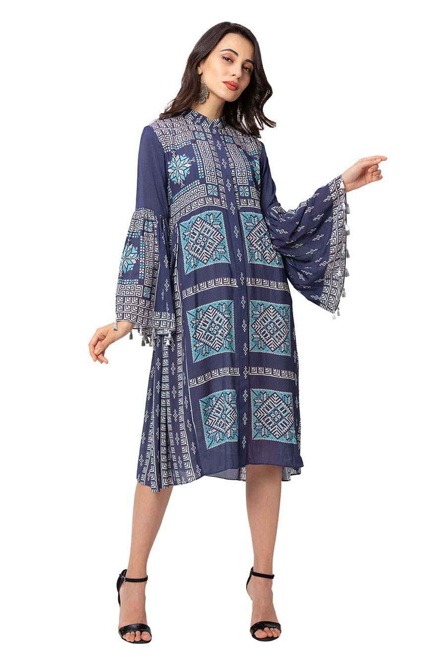 Blue Side Gathered Shirt Dress