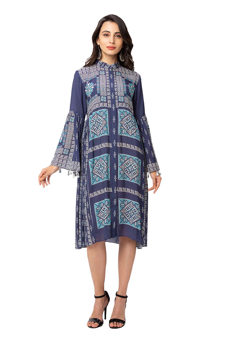 Blue Side Gathered Shirt Dress
