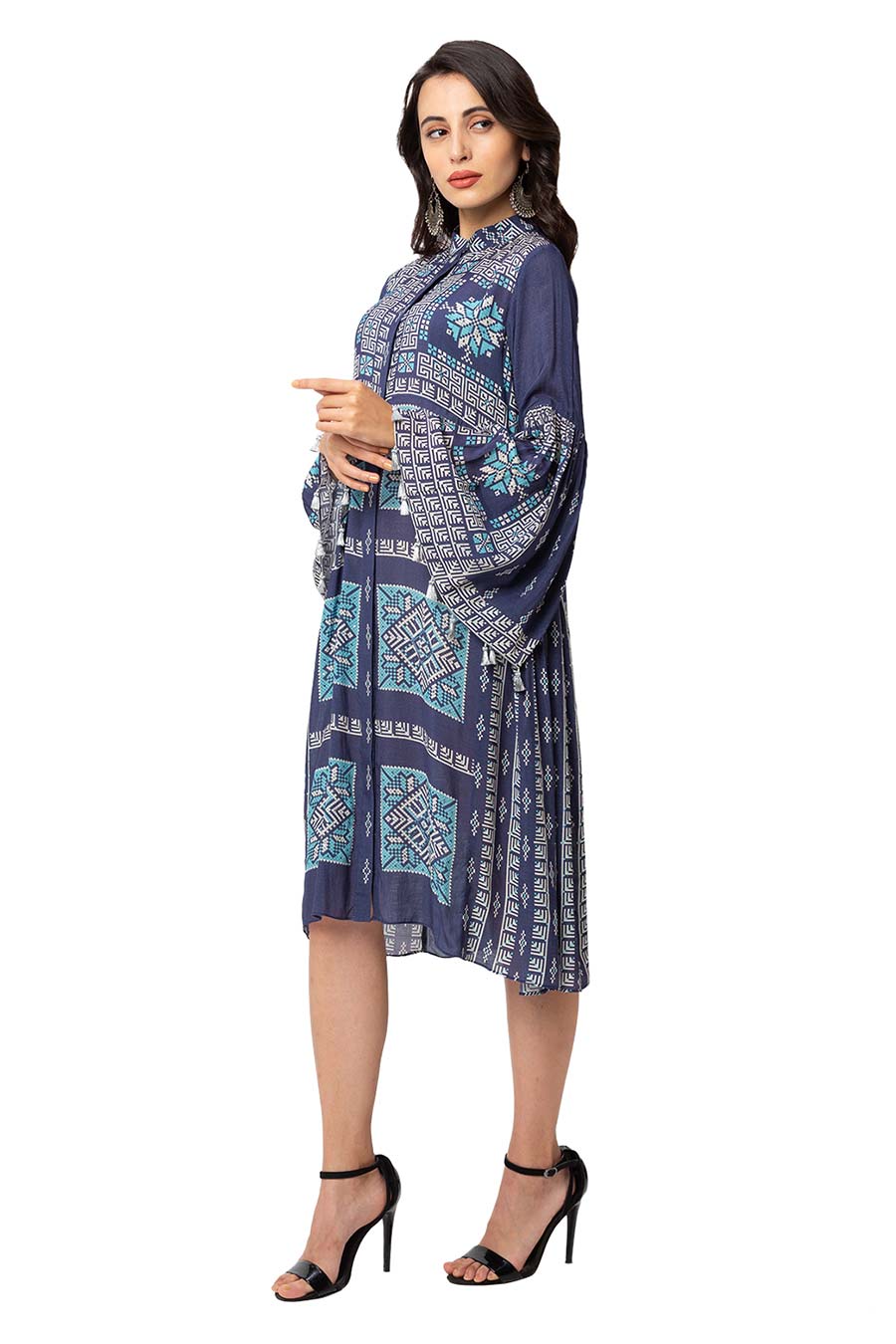 Blue Side Gathered Shirt Dress