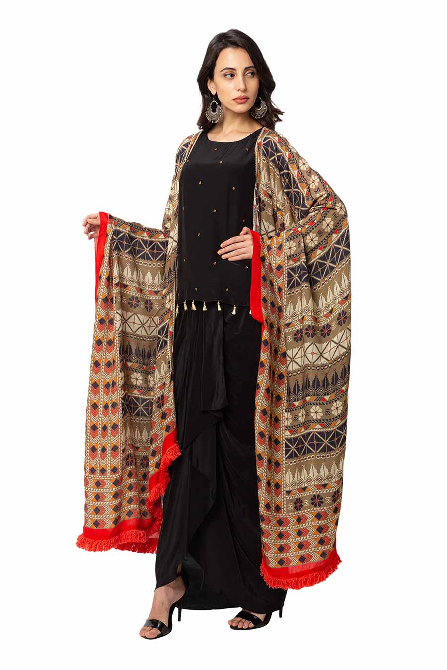 Black Top & Dhoti Skirt Set With Cape (Set of 3)