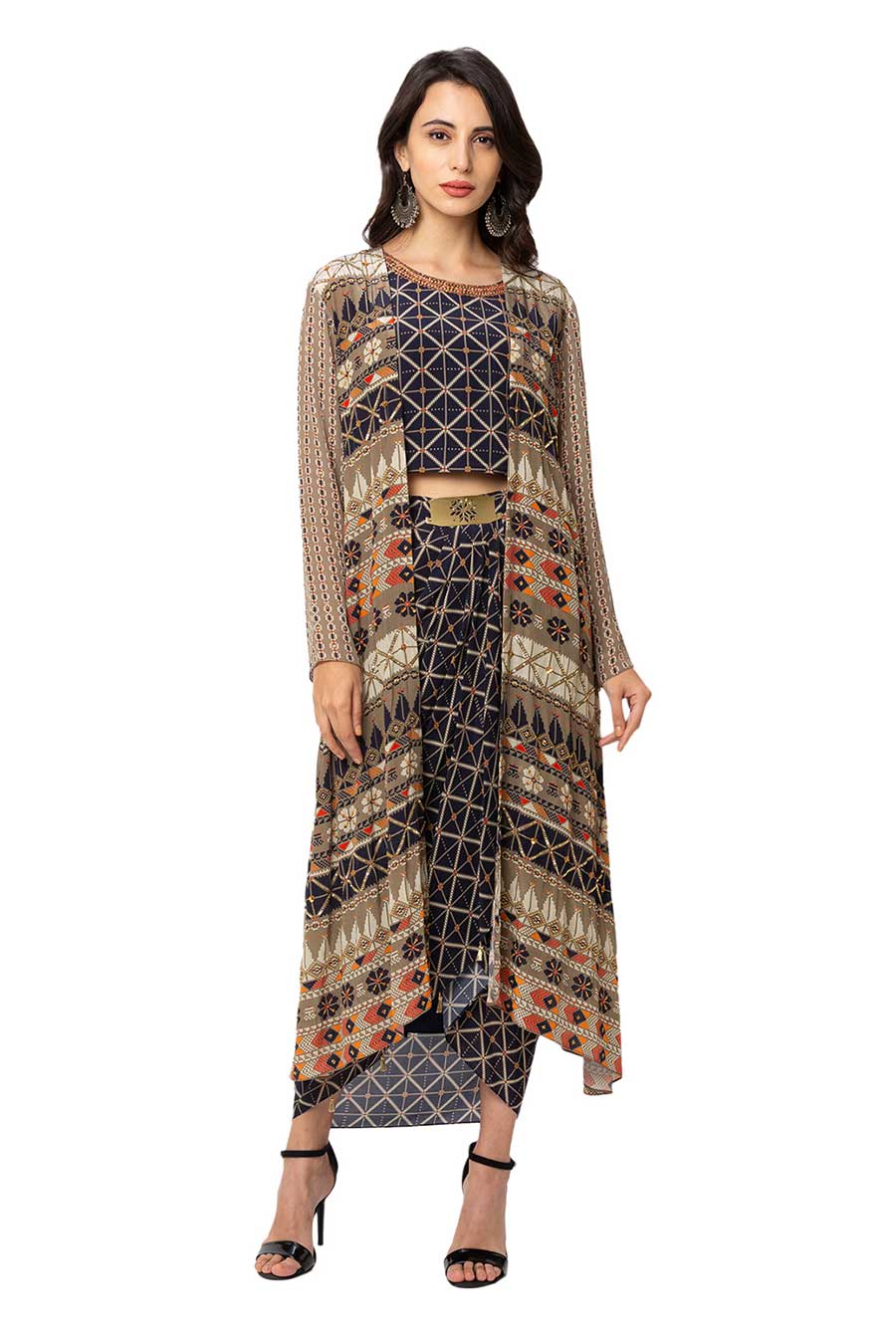 Blue Top & Dhoti Skirt Set With Jacket (Set of 3)