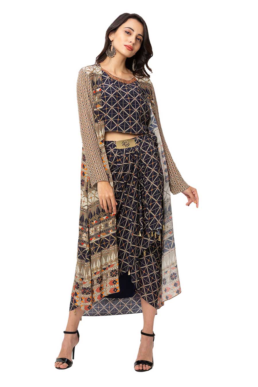 Blue Top & Dhoti Skirt Set With Jacket (Set of 3)
