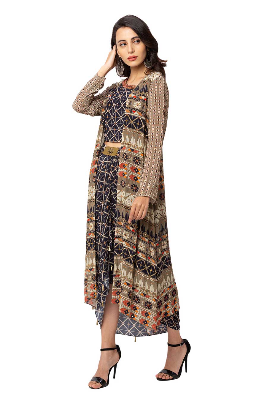Blue Top & Dhoti Skirt Set With Jacket (Set of 3)