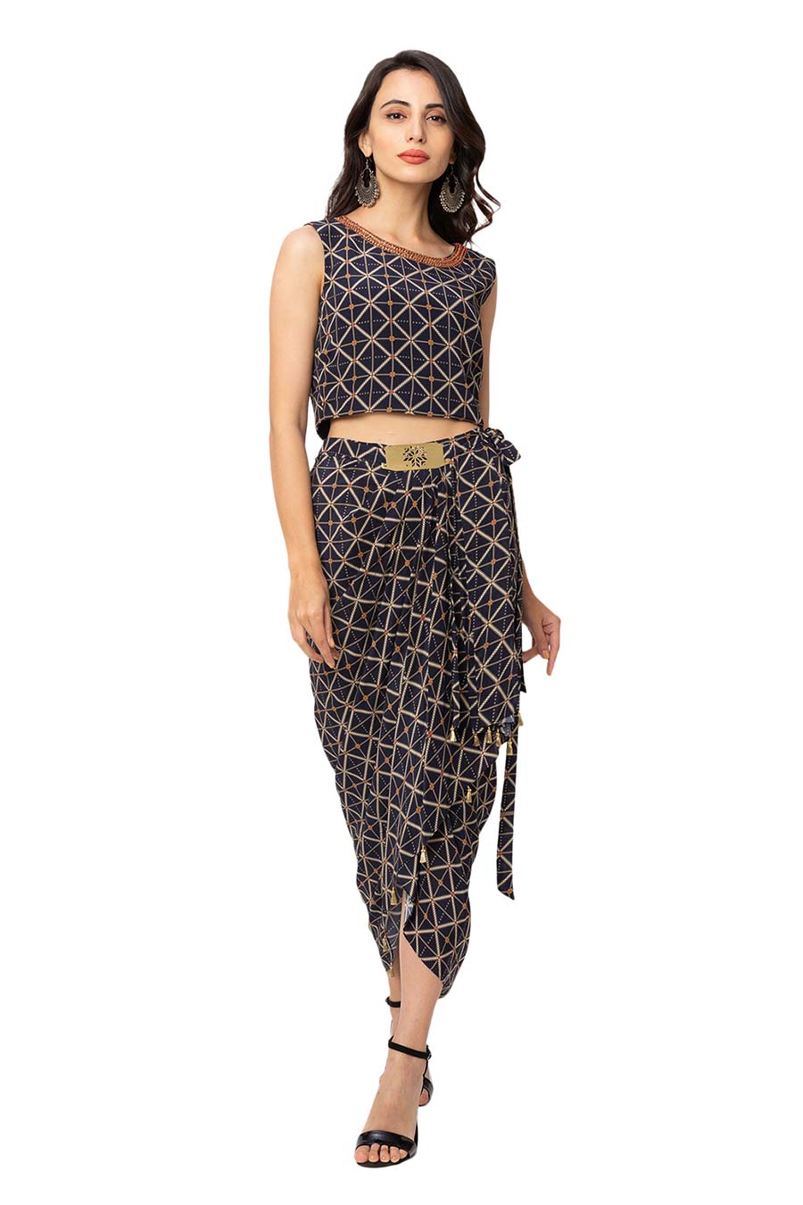 Blue Top & Dhoti Skirt Set With Jacket (Set of 3)