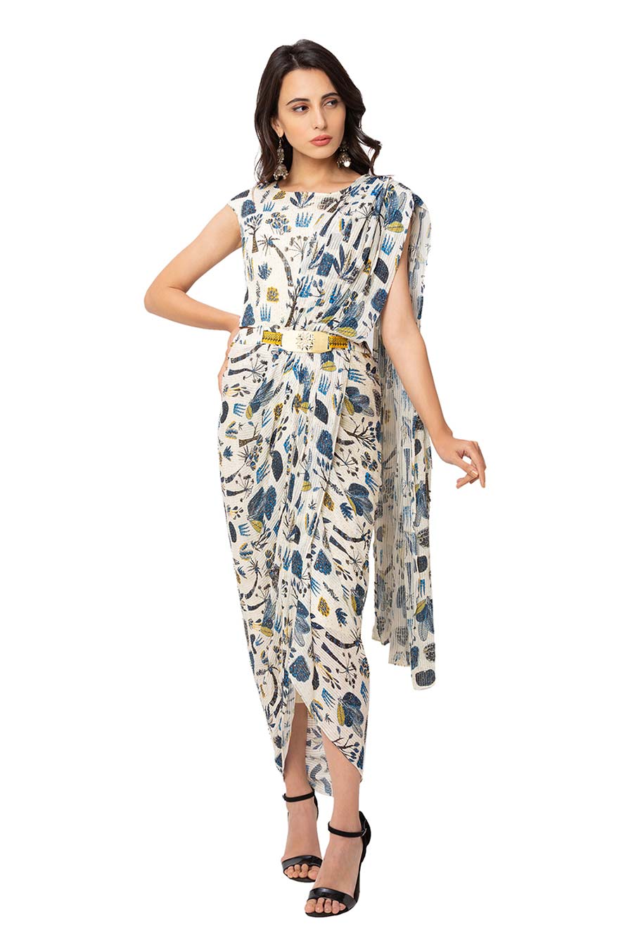 Off White Printed Drape Saree Dress