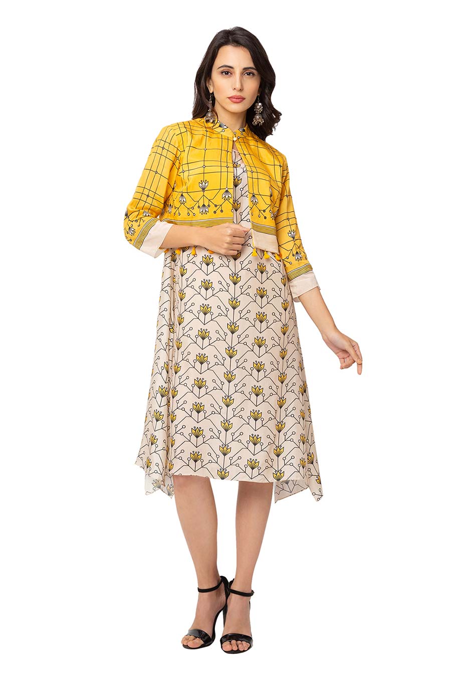Off White Dress & Yellow Jacket Set