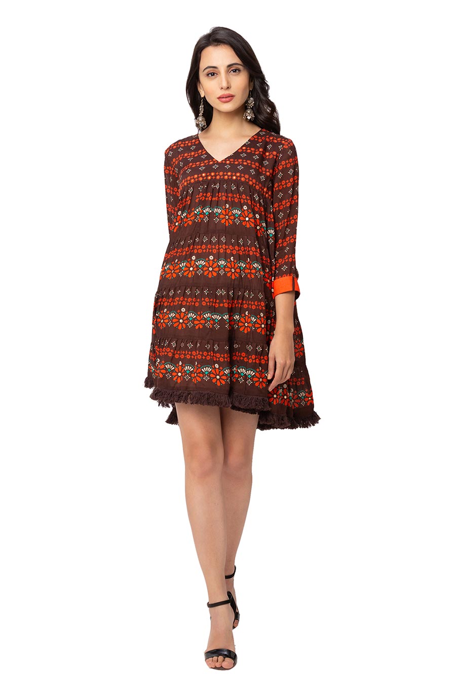 Brown Printed Ruched Short Dress