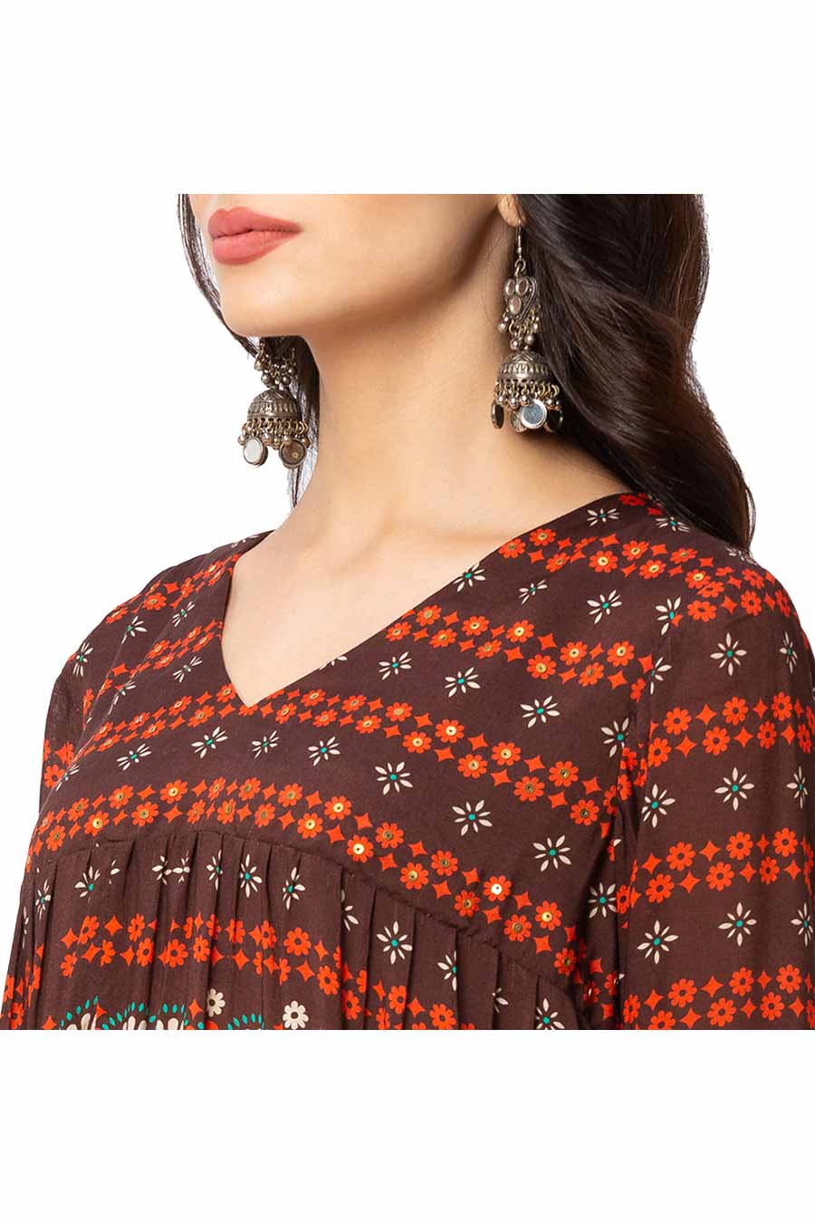 Brown Printed Ruched Short Dress