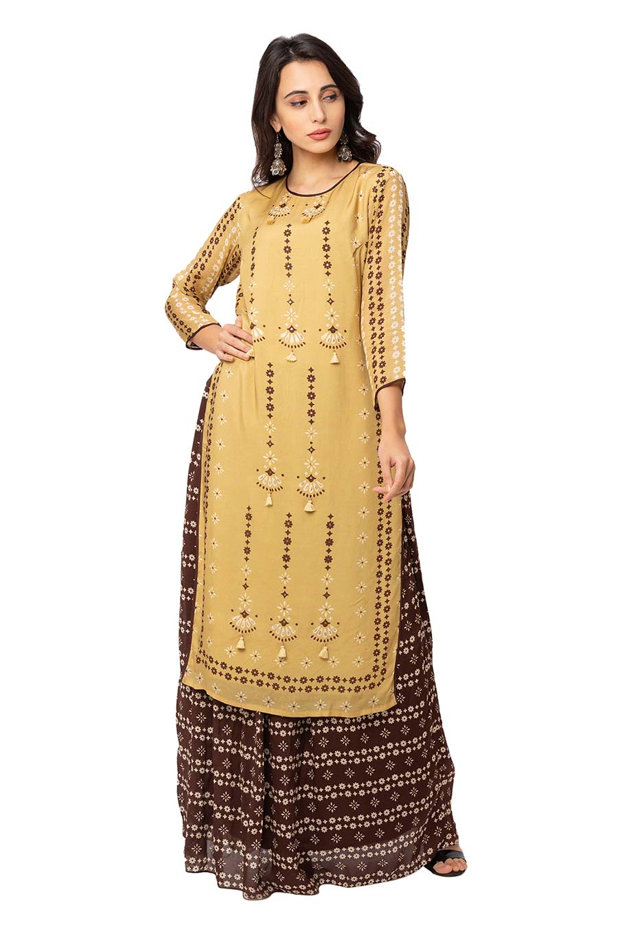 Mustard-Brown Long Kurta & Skirt Set