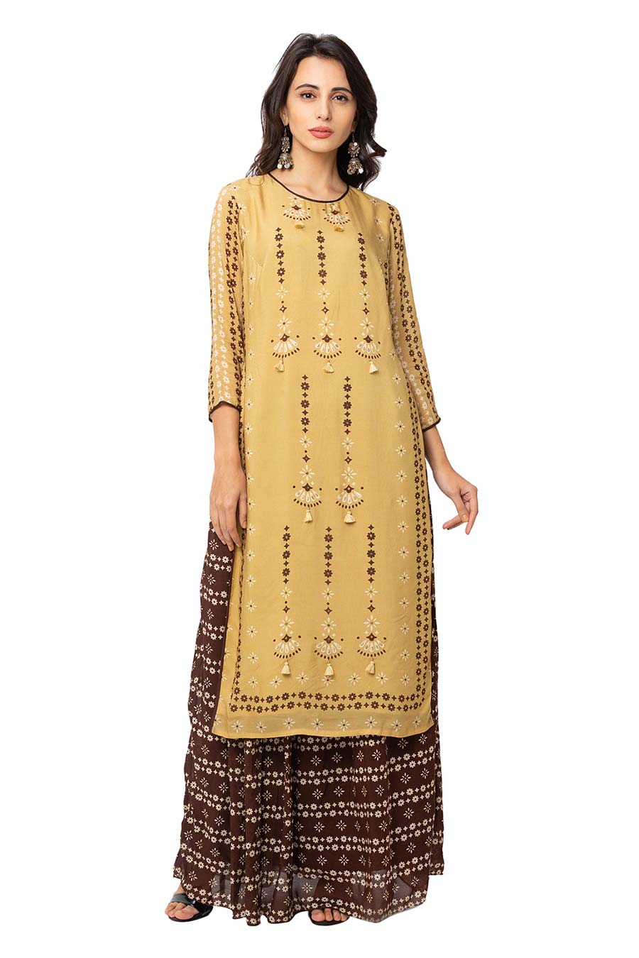 Mustard-Brown Long Kurta & Skirt Set